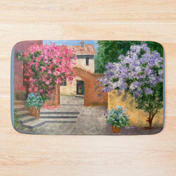 Item preview, Blooming Shrubs and Stone Buildings Oil Painting. Colorful buildings with stone walkways and flowering shrubs. designed and sold by KarenZuk.