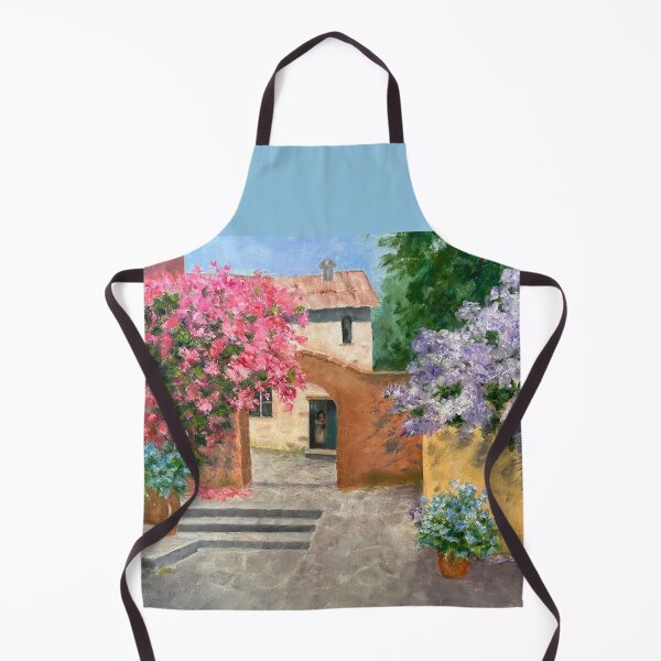 Item preview, Blooming Shrubs and Stone Buildings Oil Painting. Colorful buildings with stone walkways and flowering shrubs. designed and sold by KarenZuk.