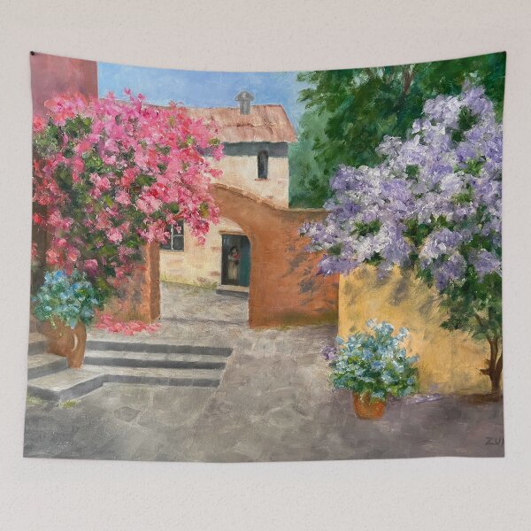 Item preview, Blooming Shrubs and Stone Buildings Oil Painting. Colorful buildings with stone walkways and flowering shrubs. designed and sold by KarenZuk.