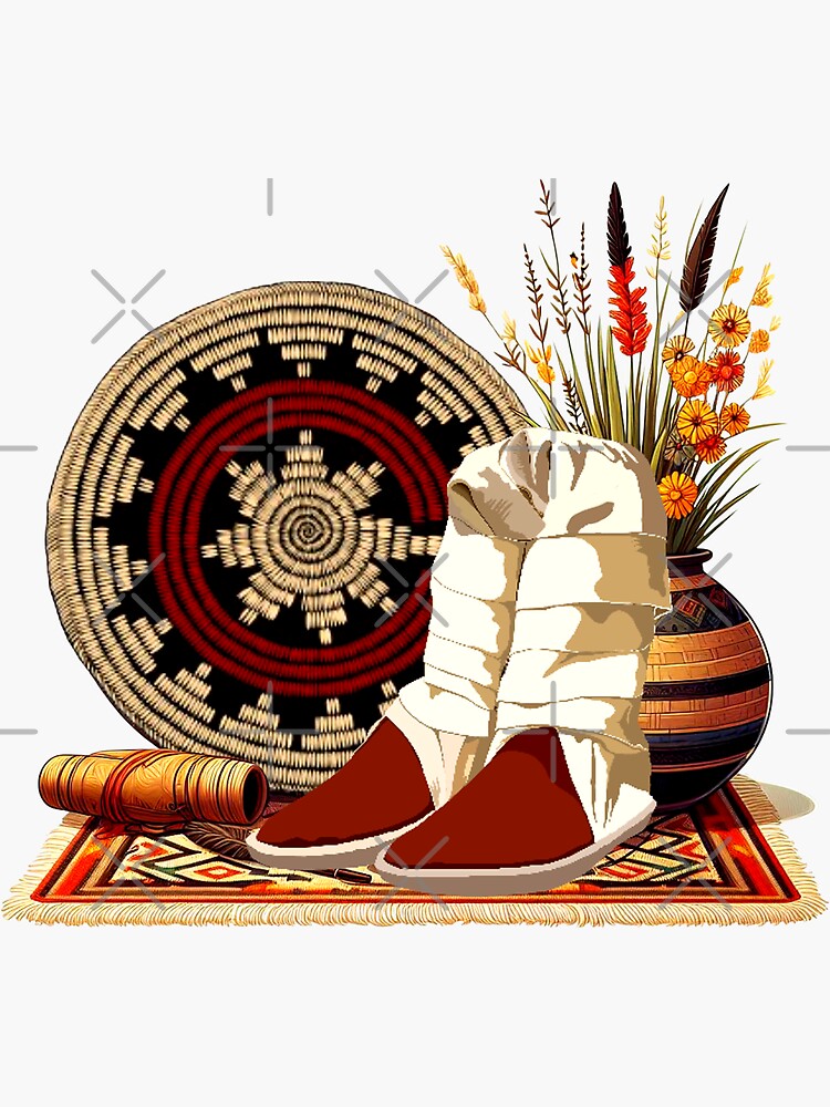 Thumbnail 3 of 3, Sticker, Navajo Wedding basket and moccasins designed and sold by NativeGraffix.