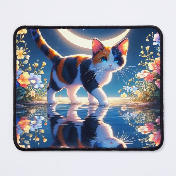 Item preview, Tricolor kitten walking on water looking at us under reflecting crescent moon floral night anime style designed and sold by EmeraldeaArt.