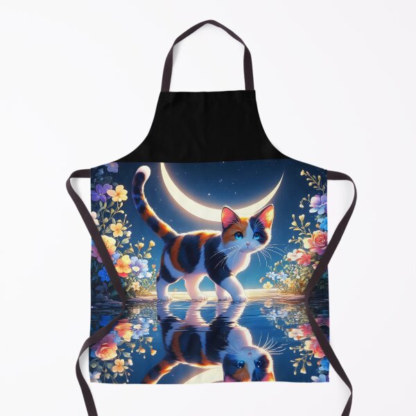 Item preview, Tricolor kitten walking on water looking at us under reflecting crescent moon floral night anime style designed and sold by EmeraldeaArt.