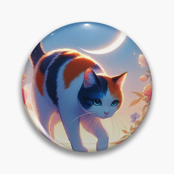 Item preview, Tricolor kitty walking on reflecting water under crescent moon floral night anime style designed and sold by EmeraldeaArt.