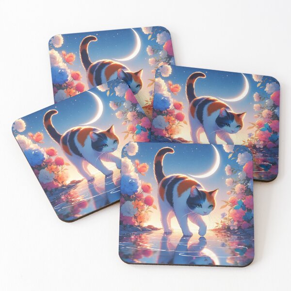 Item preview, Tricolor kitty walking on reflecting water under crescent moon floral night anime style designed and sold by EmeraldeaArt.