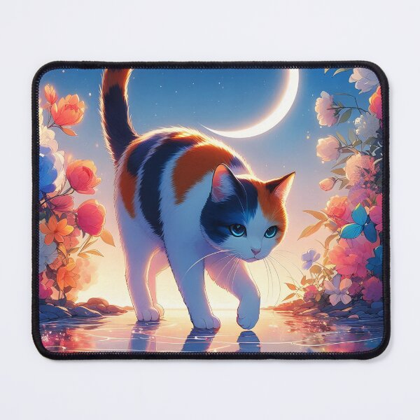 Item preview, Tricolor kitty walking on reflecting water under crescent moon floral night anime style designed and sold by EmeraldeaArt.