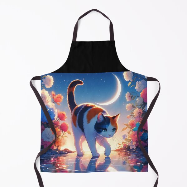 Item preview, Tricolor kitty walking on reflecting water under crescent moon floral night anime style designed and sold by EmeraldeaArt.