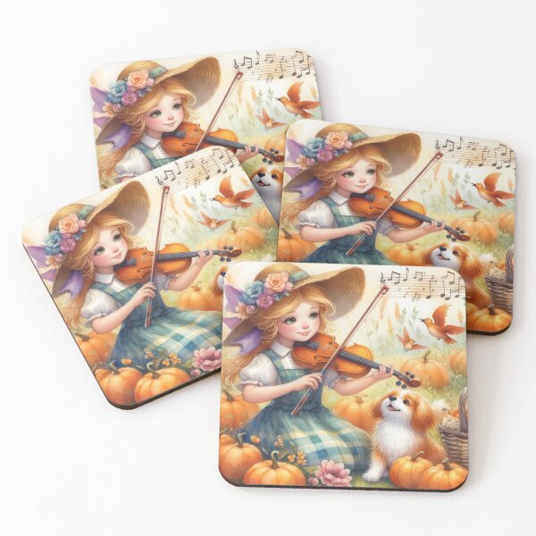 Item preview, Girl with Flowery Hat Playing Violin in Pumpkin Patch with Puppy Dog and Birds. designed and sold by ElegantTeaTime.