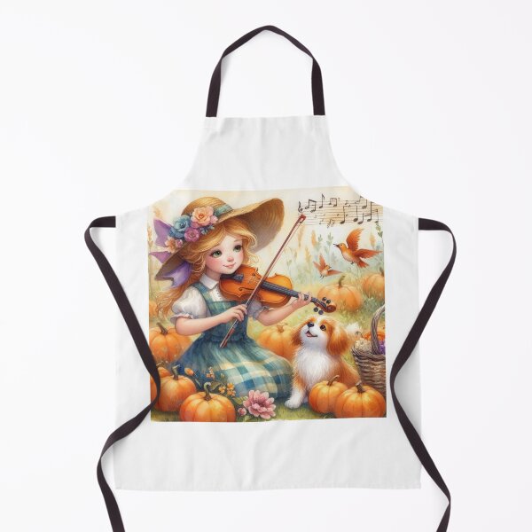 Item preview, Girl with Flowery Hat Playing Violin in Pumpkin Patch with Puppy Dog and Birds. designed and sold by ElegantTeaTime.