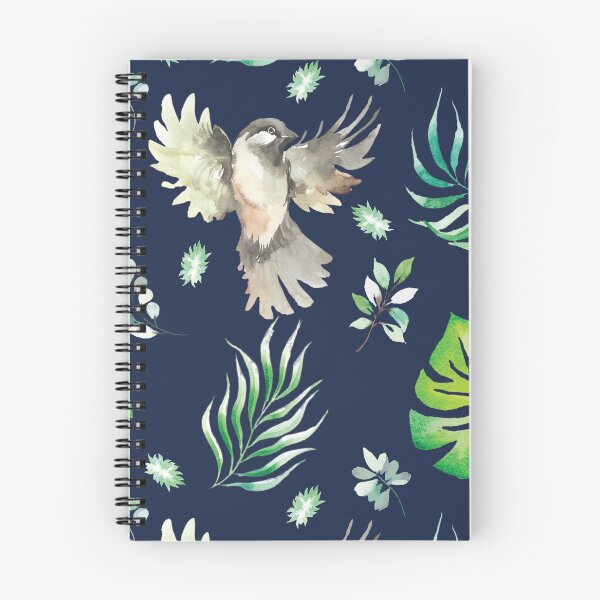Item preview, Hand-pained watercolor sparrow, plant pattern, blue sparrow and plant pattern designed and sold by Alexandra Compuesto.
