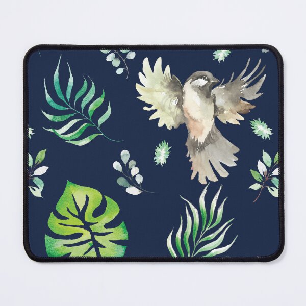 Item preview, Hand-pained watercolor sparrow, plant pattern, blue sparrow and plant pattern designed and sold by Alexandra Compuesto.