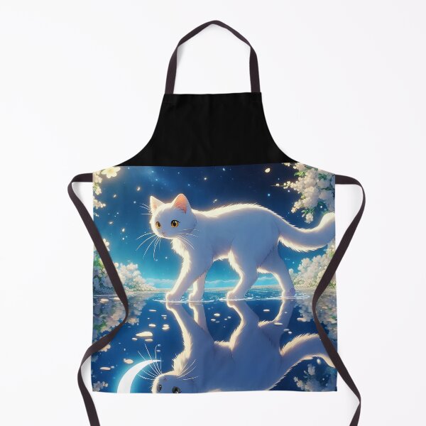 Item preview, Beautiful white cat walking on water reflected crescent moon white floral night anime style designed and sold by EmeraldeaArt.