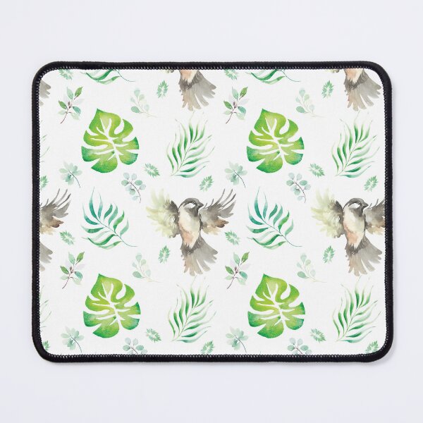 Item preview, Hand-pained watercolor sparrow, plant pattern, white sparrow and plant pattern designed and sold by Alexandra Compuesto.