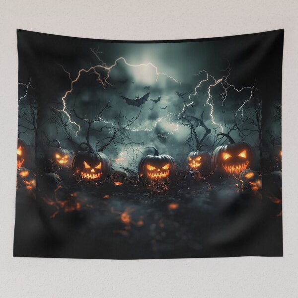 Item preview, Sinister Jack-o'-lanterns with Lightning in Dark Halloween Scene designed and sold by Fab-Haven.