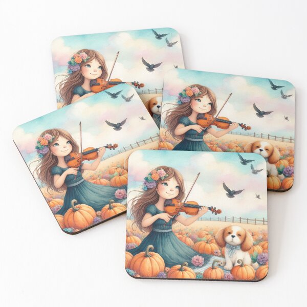 Item preview, Girl with Flowers in Hair Playing Violin in Flowery Pumpkin Patch with Puppy Dog and Birds designed and sold by ElegantTeaTime.