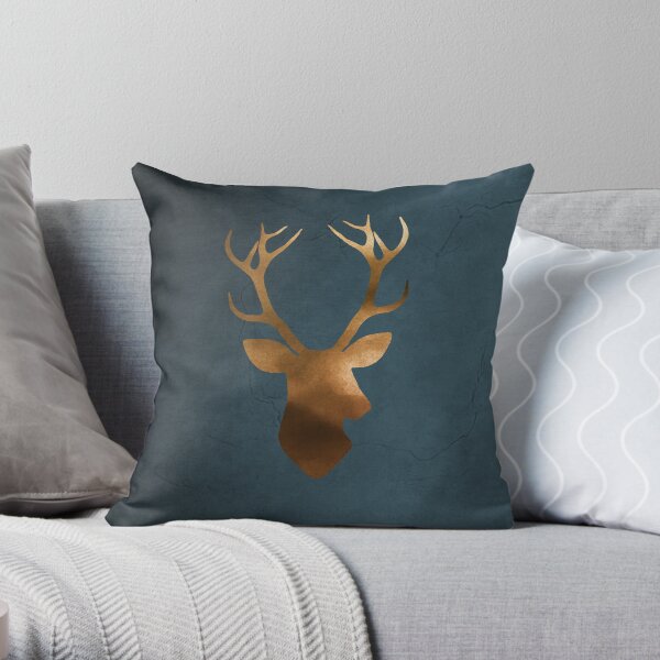Deer head silhouette blue gold watercolor Throw Pillow