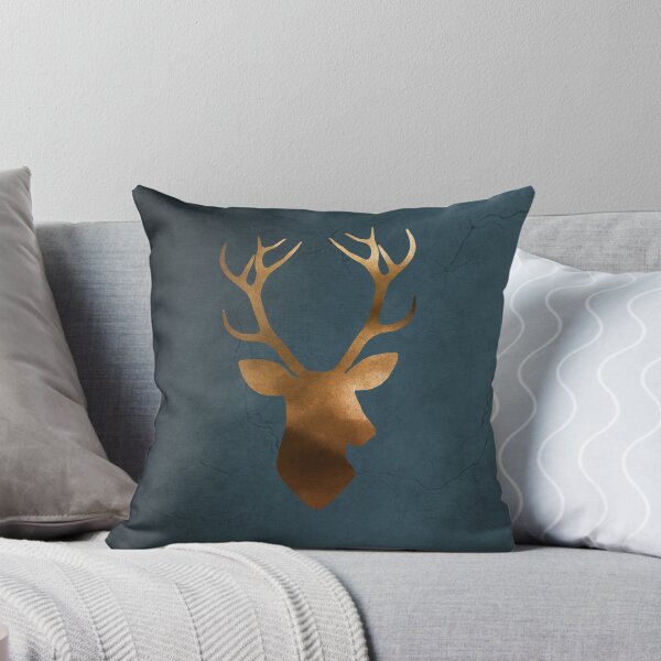 Deer head silhouette blue gold watercolor Throw Pillow