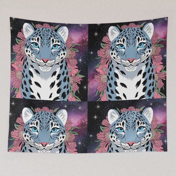 Item preview, Blue gepard cheetah leopard design against a pink floral and astral galaxy backdrop designed and sold by EmeraldeaArt.