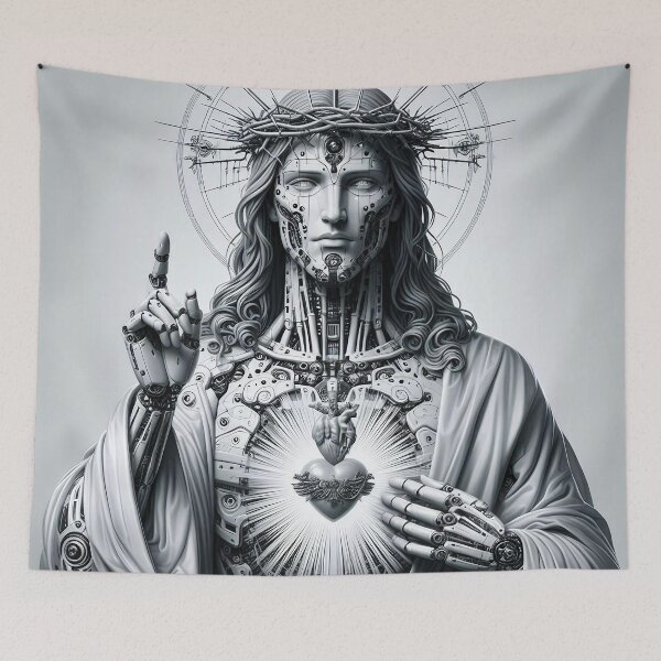 Item preview, Cyberpunk Cyborg Android Jesus in Greyscale designed and sold by jay-cack.