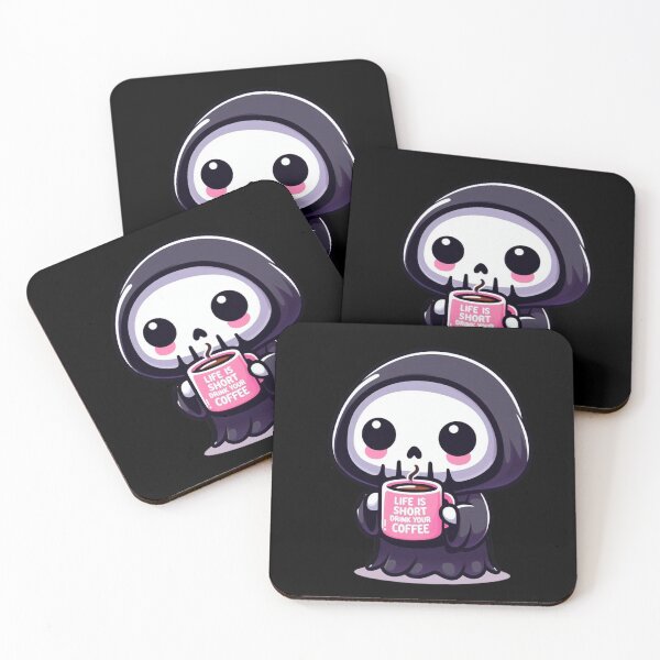 Item preview, Cute Grim Reaper drinking coffee - Spooky Season! designed and sold by ouchbyflora.