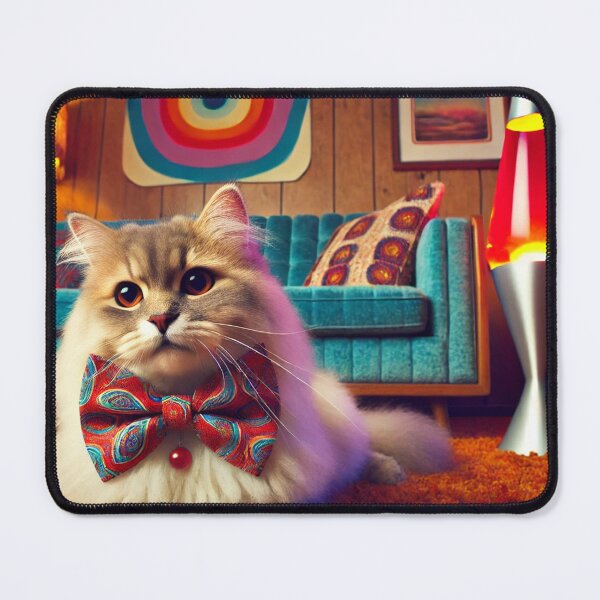 Item preview, Retro Cat with Paisley Bowtie – 1970s Cozy Living Room Feline Art designed and sold by modernzen.