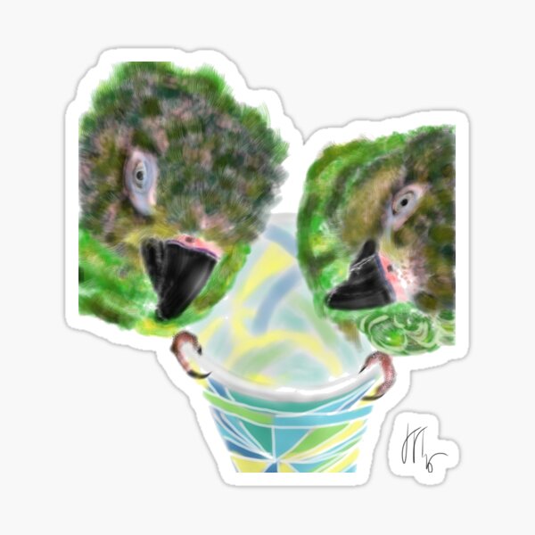 Two Naughty Parrots Sitting on a Cup Sticker