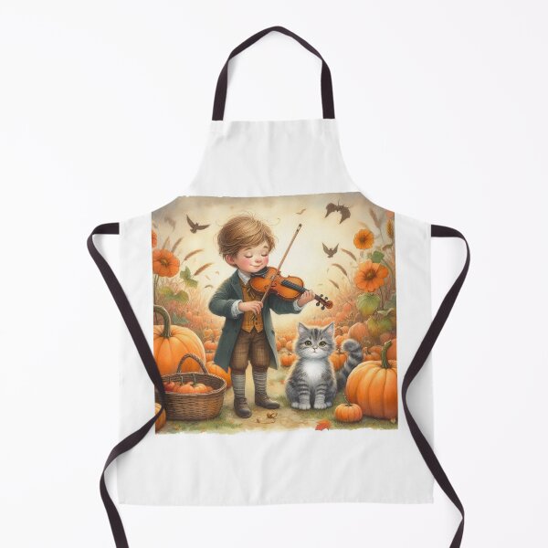 Item preview, Boy in Tailcoat Playing Violin with Grey Tabby Cat and Birds in Pumpkin Patch at Sunset designed and sold by ElegantTeaTime.