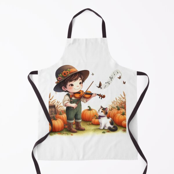 Item preview, Boy in Overalls and Flowered Hat Playing Violin with Spotted Cat and Birds in Pumpkin Patch. Original Digital Watercolor designed and sold by ElegantTeaTime.