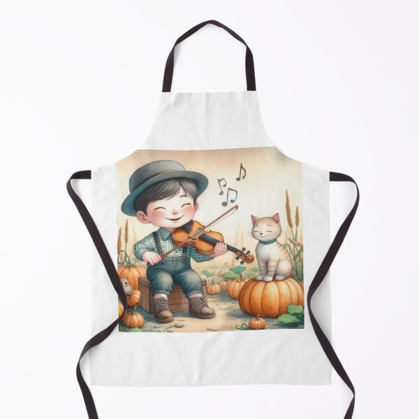 Item preview, Boy in Overalls and Hat Playing Violin with Tabby Cat and Bird in Pumpkin Patch designed and sold by ElegantTeaTime.