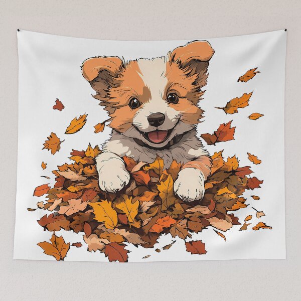 Item preview, Autumn snuggles and wagging tails ,Autumn Pup in a Pile of Leaves designed and sold by katerynaS99.