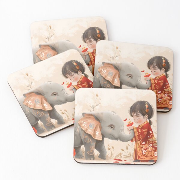 Item preview, A child dressed in elaborate red traditional clothing gently interacts with a small decorated elephant, surrounded by vivid flowers in an artistic depiction of harmony. designed and sold by Artessie.