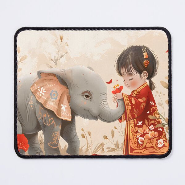 Item preview, A child dressed in elaborate red traditional clothing gently interacts with a small decorated elephant, surrounded by vivid flowers in an artistic depiction of harmony. designed and sold by Artessie.