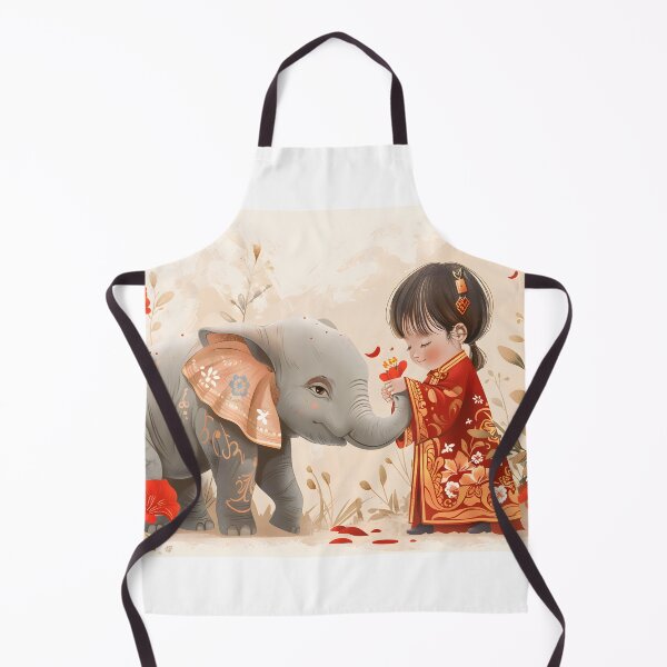 Item preview, A child dressed in elaborate red traditional clothing gently interacts with a small decorated elephant, surrounded by vivid flowers in an artistic depiction of harmony. designed and sold by Artessie.