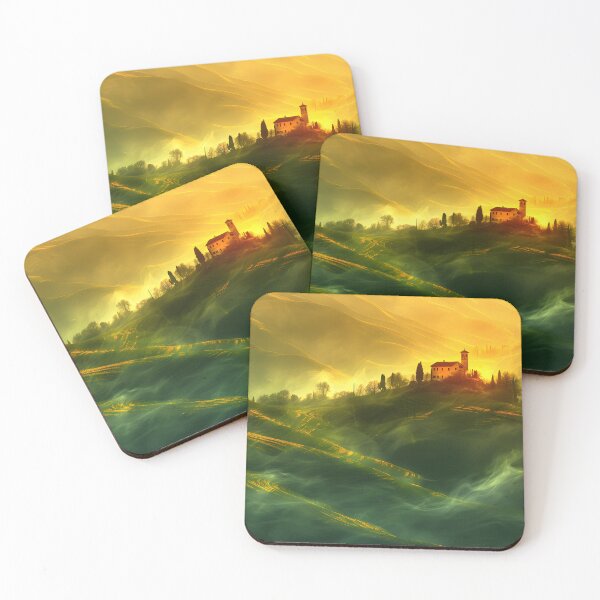 Item preview, Misty hills with sunlight and villa amidst golden glow designed and sold by Artessie.