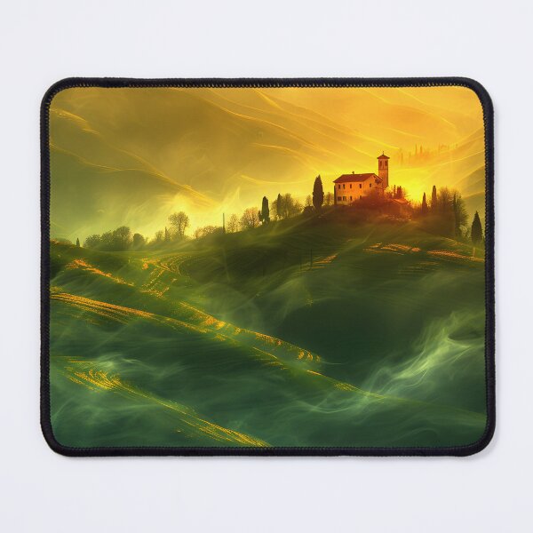 Item preview, Misty hills with sunlight and villa amidst golden glow designed and sold by Artessie.