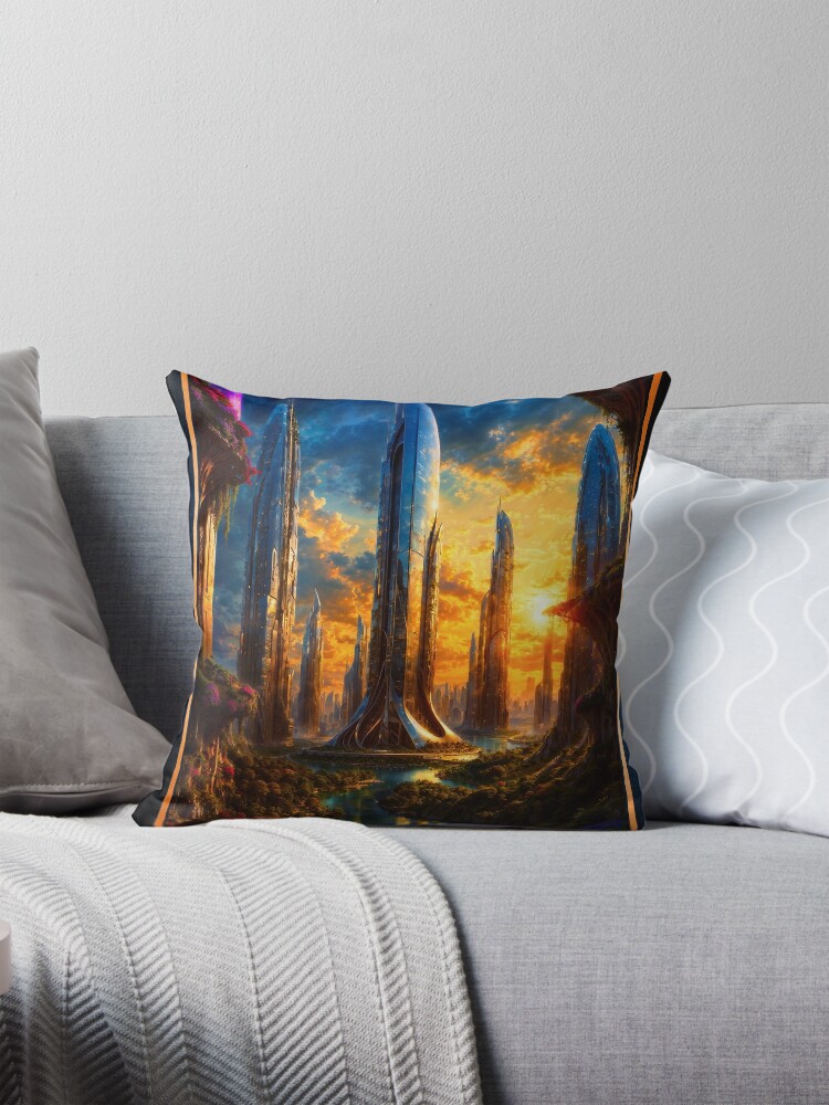 The Metallic Skyscraper Forest Of Beldinis AI Concept Art by Xzendor7 | A Stunning Sunset Sight 4 The Metallic Skyscraper Forest Of Beldinis Enchanting AI Concept Art by Xzendor7 Decorative Art Print Throw Pillow