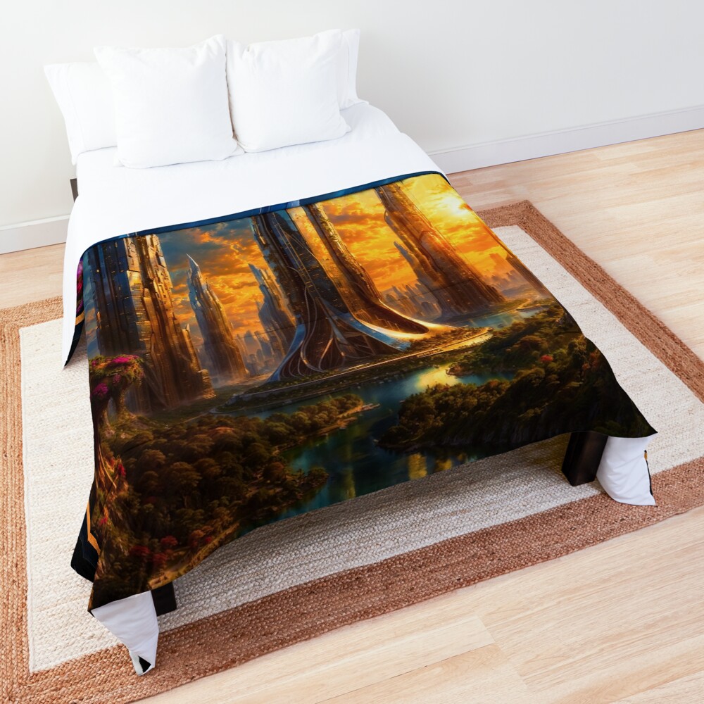 The Metallic Skyscraper Forest Of Beldinis AI Concept Art by Xzendor7 | A Stunning Sunset Sight 3 The Metallic Skyscraper Forest Of Beldinis Enchanting AI Concept Art by Xzendor7 Decorative Art Print Comforter