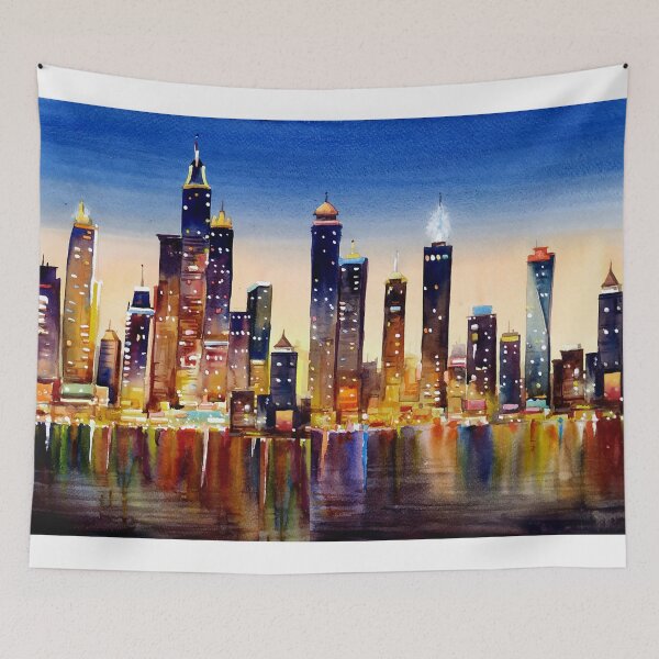 Item preview, watercolor night city skyline designed and sold by SamirArt.