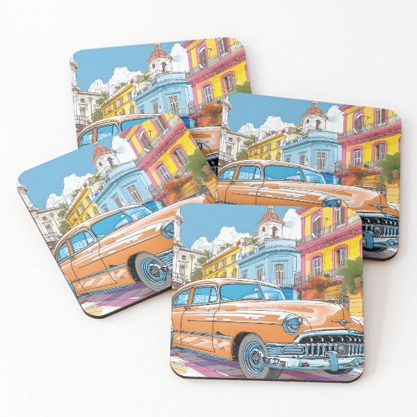 Item preview, Vintage car on a vibrant street with colorful buildings designed and sold by Artessie.
