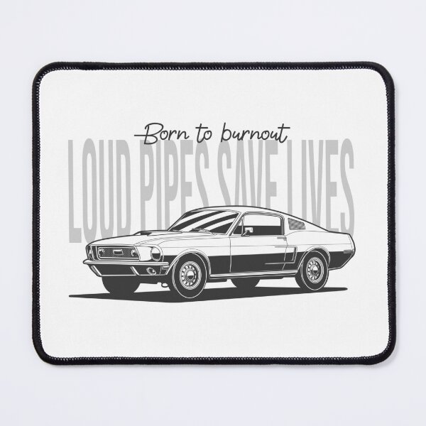 Item preview, "LOUD PIPES, SAVE LIVES" FORD MUSTANG 1968 FASTBACK LINE ART ILLUSTRATION designed and sold by TrilogyMerch.
