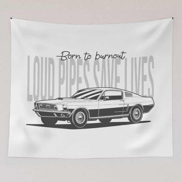 Item preview, "LOUD PIPES, SAVE LIVES" FORD MUSTANG 1968 FASTBACK LINE ART ILLUSTRATION designed and sold by TrilogyMerch.