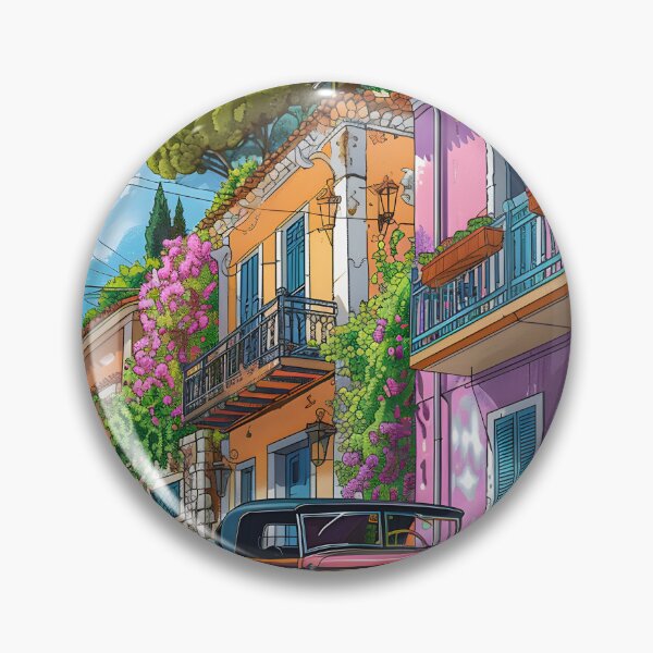 Item preview, Vintage car on a vibrant street with colorful buildings designed and sold by Artessie.