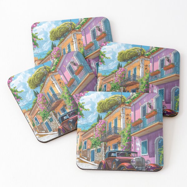 Item preview, Vintage car on a vibrant street with colorful buildings designed and sold by Artessie.