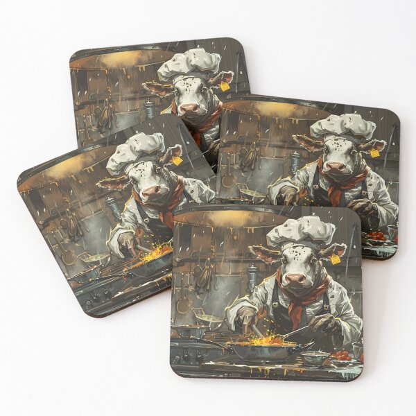Item preview, Cow chef prepares dish in rustic kitchen setting. designed and sold by Artessie.