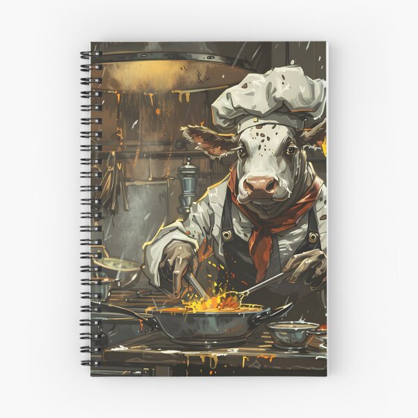 Item preview, Cow chef prepares dish in rustic kitchen setting. designed and sold by Artessie.