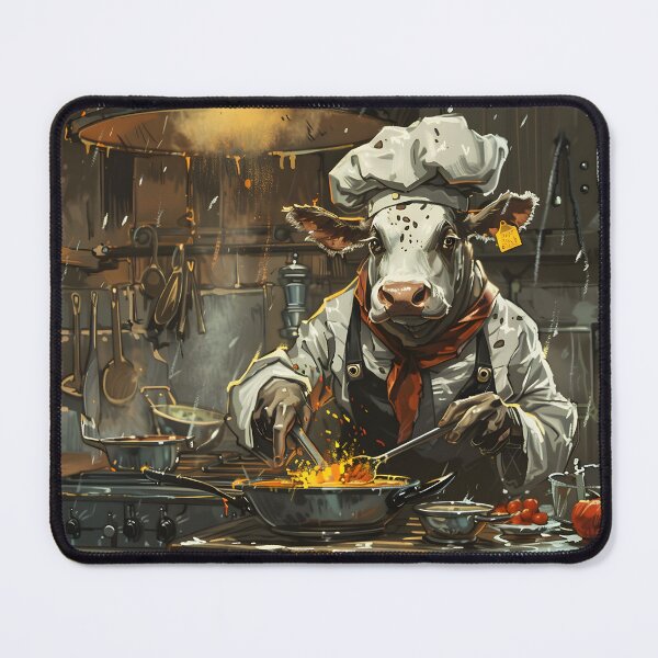 Item preview, Cow chef prepares dish in rustic kitchen setting. designed and sold by Artessie.