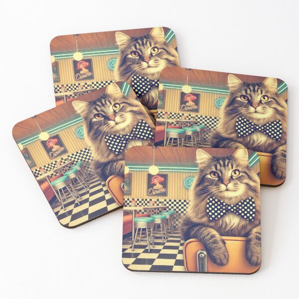 Item preview, Retro Cat with Polka-Dotted Bowtie – 1960s Diner Feline Art designed and sold by modernzen.