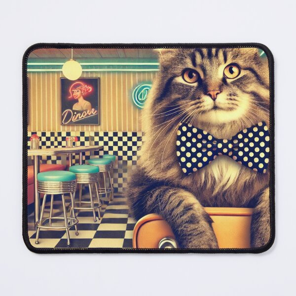 Item preview, Retro Cat with Polka-Dotted Bowtie – 1960s Diner Feline Art designed and sold by modernzen.