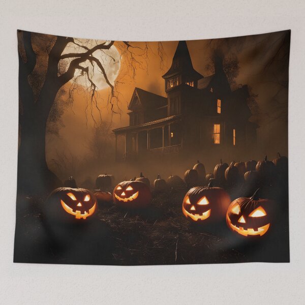 Item preview, Eerie Halloween Scene with Carved Pumpkins and Full Moon designed and sold by Abdu  Innovations.