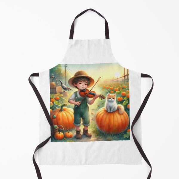 Item preview, Farmer Boy in Overalls and Hat Playing Violin with Cat and Bird on Pumpkin Farm designed and sold by ElegantTeaTime.