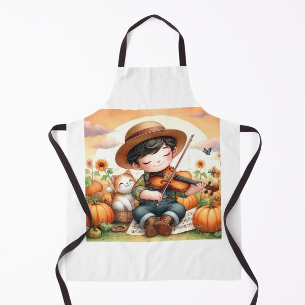 Item preview, Boy in Overalls and Hat Playing Violin with Cat and Butterflies on Pumpkin Farm at Sunset designed and sold by ElegantTeaTime.